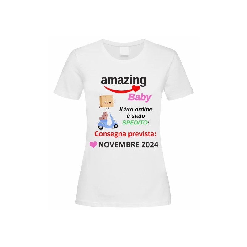 T-shirt Maglietta donna futura mamma Amazing Baby in arrivo! Consegna prevista, personalizzata con mese e anno di nascita!
