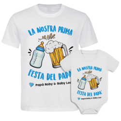 Kit di coppia: t-shirt uomo + body bimbo La nostra prima Festa del papà, personalizzato con i nomi di padre e figlio!