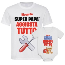Kit di coppia: t-shirt uomo + body bimbo Aggiusta Tutto e Rompi Tutto, personalizzato con i nomi di padre e figlio!