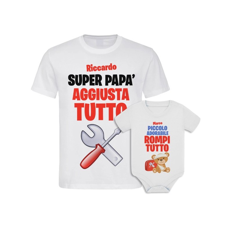 Kit di coppia: t-shirt uomo + body bimbo Aggiusta Tutto e Rompi Tutto, personalizzato con i nomi di padre e figlio!