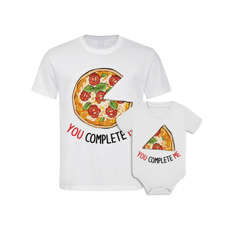 Kit di coppia: t-shirt uomo + body bimbo You Complete me, pizza e fettina di pizza!