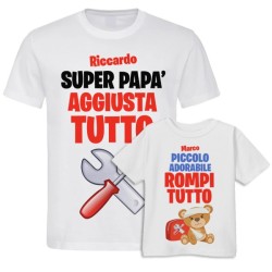 Kit di coppia: t-shirt papà + t-shirt bimbo Aggiusta Tutto e Rompi Tutto! Personalizzati con i nomi di padre e figlio!