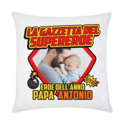 Federa per cuscino La Gazzetta del Supereroe! Personalizzata con il nome e la foto, Festa del Papà!