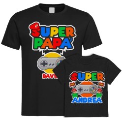 Kit di coppia: t-shirt papà + t-shirt bimbo o bimba Super Videogamers! Personalizzate con i nomi!
