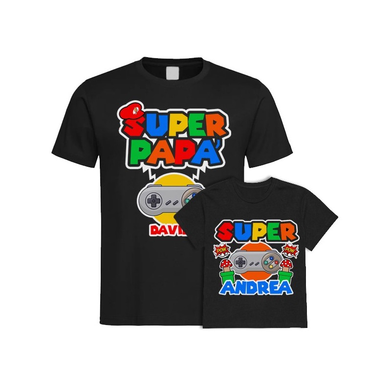 Kit di coppia: t-shirt papà + t-shirt bimbo o bimba Super Videogamers! Personalizzate con i nomi!