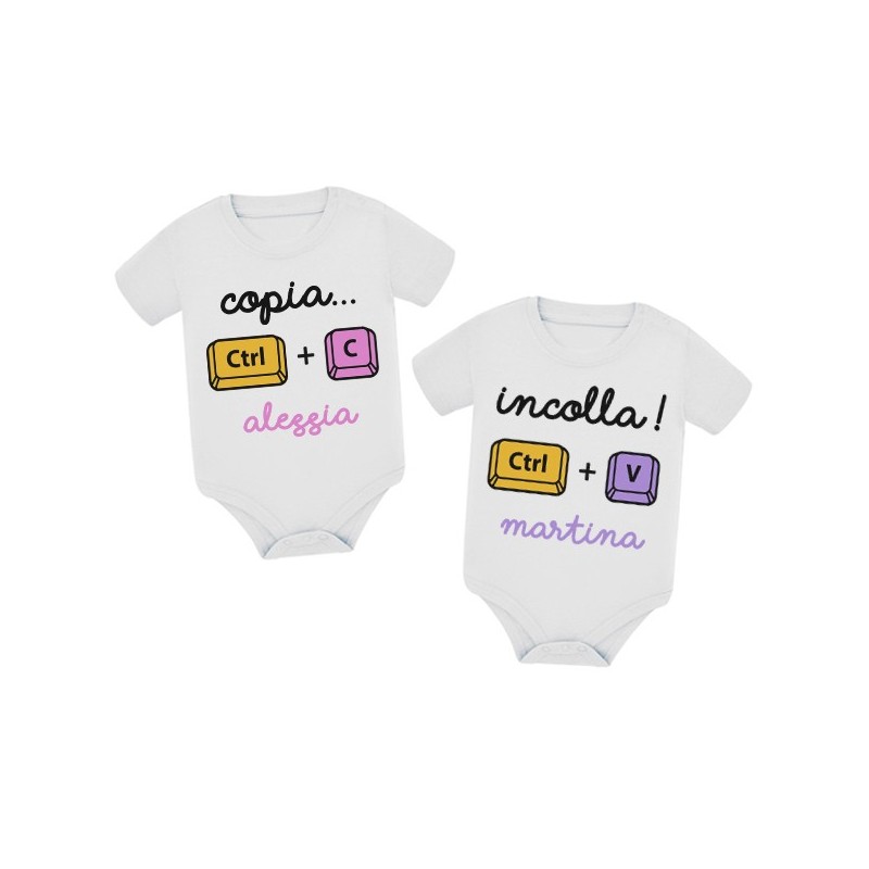 Coppia di body gemelline Copia + Incolla, divertenti! Personalizzati con i nomi delle bambine!