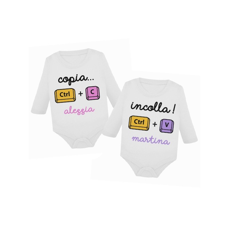 Coppia di body manica lunga gemelline Copia + Incolla, divertenti! Personalizzati con i nomi delle bambine!